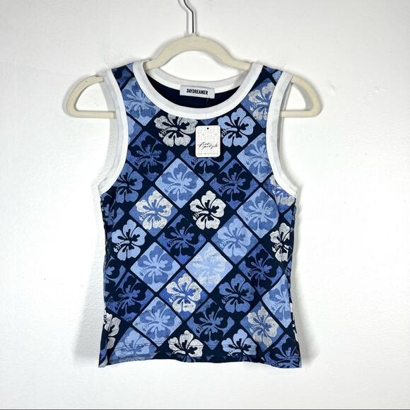FREE PEOPLE NWT Hibiscus Shrunken Tank Top Coconut Girl Y2K Surf Tee Blue White - Picture 2 of 6